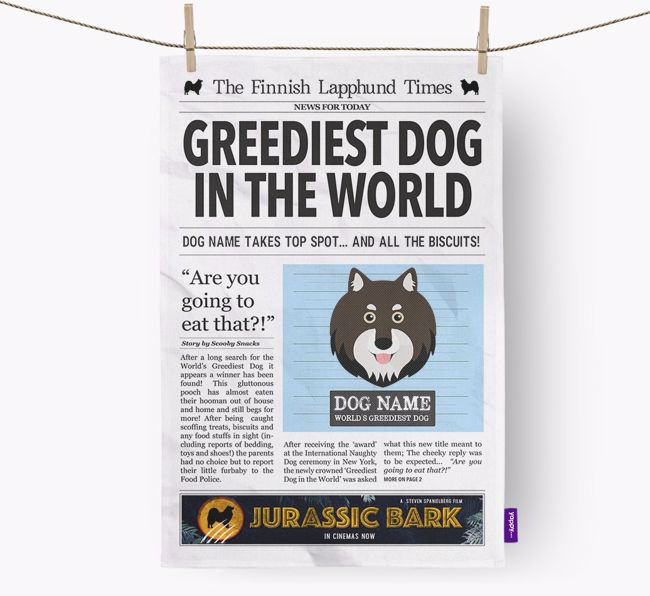 The {breedShortName} Times 'Greediest Dog In The World' Personalised Tea Towel